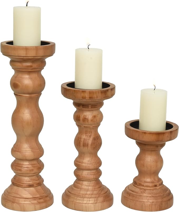 SWALLOWLIVING Rustic Farmhouse Wood Pillar Candle Holder Set of 3 for Candlestick, Brown