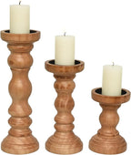 SWALLOWLIVING Rustic Farmhouse Wood Pillar Candle Holder Set of 3 for Candlestick, Brown
