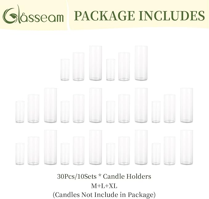 Glasseam Hurricane Glass Candle Holders: 30 Pcs Cylinder Glass Pillar Candle Holder Set for Table Centerpiece Clear Cylinder Vase Bulk Hurricane Vases for Centerpieces Wedding Party Christmas Decor