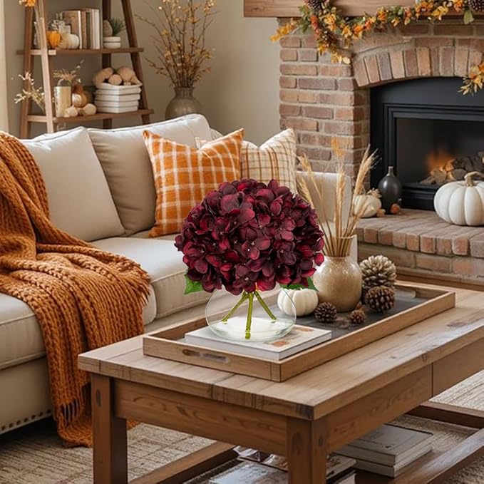 Hollyone Dark Red Fall Hydrangea Artificial Flowers for Decoration in Glass Vase Autumn Silk Faux Flower Arrangements with Faux Water Table Centerpiece Vase with Fake Flowers Fall Decorations for Home