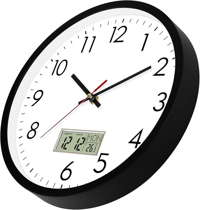 Lumuasky Wall Clock Digital 12" Non-Ticking Silent Battery Operated Analog with LCD Display for Perpetual Calendar and C° Temperature, Ideal Modern Home, Bedroom, Kitchen, Office Decor