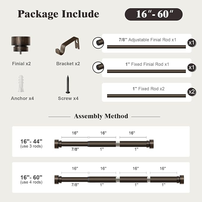 Oneach Antique Brown Curtain Rods for Windows 28 to 48 Inch, 1 Inch Pole Adjustable Length Heavy Duty Metal Curtain Rod Set, for Outdoor Bedroom Kitchen Living Room (16 to 60 Inch)