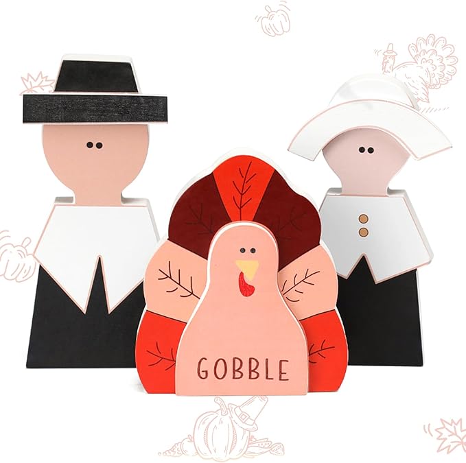 Amorita Fall Thanksgiving Decorations Wooden Turkey Pilgrim Couple Table Sign 3 Pcs Fall Thanksgiving Decor Standing Tabletop Sign Decor for Autumn Harvest - Z