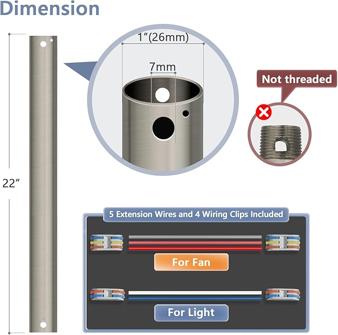 22" Ceiling Fan Downrod, 【1 Outside Diameter】 Brushed Nickel Extended Downrod, including 4 Wire Connectors and 5 Extension Wires (No Threads)