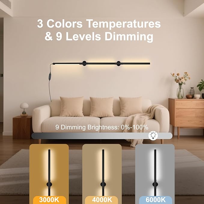 53.2 Inch Wall Lights, 360°Rotatable Wall Sconce, 3 Color Temperatures, Plug-in Dimmable Wall lamp for Bedroom, Living Room（1 Pack）
