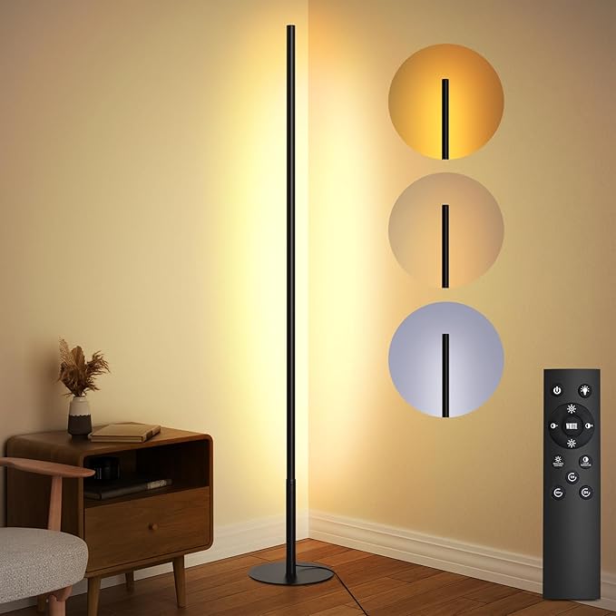 LED Corner Floor Lamp, Minimalist Dimmable Light with Remote, 2700-6500k Color Temperature Stepless Adjustable, 58 Inches Tall Standing Lamp for Living Room, Bedroom, Home Office, Black