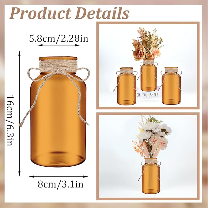 Vintage Glass Flower Vase，12 Pack Farmhouse Amber Gold Glass Centerpiece Vases Mason Jars for Weddings, Parties & Home Decor Bulk (12, Amber)