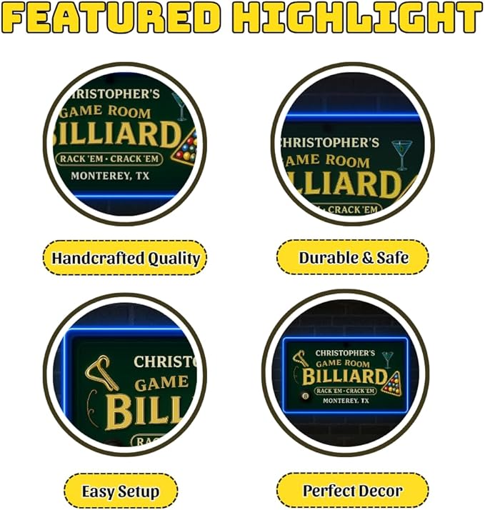 Personalized Billiards Neon Sign, Custom UV Printed Billiard LED Lights Signs, Decorative Wall Art, Lounge, Garage, Bar, Man Cave, Gaming Room Decor, Gifts For Men, Dad, Father, Friends