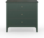 Large Green Fluted 3 Drawer Dresser Set of 2, Chest of Drawers with Ball Bearing Slide Modern 30 inch Tall Wood Nightstand with Spacious Storage for Bedroom Hallway Living Room Entryway