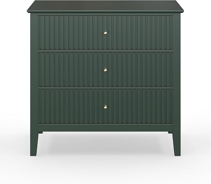 Large Green Fluted 3 Drawer Dresser Set of 2, Chest of Drawers with Ball Bearing Slide Modern 30 inch Tall Wood Nightstand with Spacious Storage for Bedroom Hallway Living Room Entryway