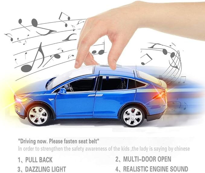 Toy Car Model x, Pull Back Car Toys Alloy Vehicles with Lights and Sound 1:32 Scale Model Car (Blue)