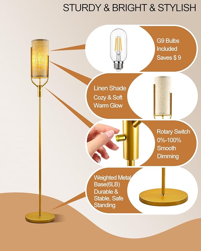 Lightdot 64.6IN Gold Floor Lamp Dimmable Linen Shade LED Floor Lamps with 3000K Soft Warm White for Wedding/Party, Modern Tall Lamp for Living Room/Bedroom (Bulbs Included)