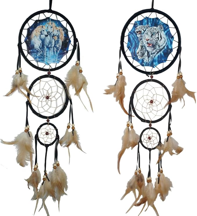 Remorelt Wolf Eagle Bear Dream Catcher Bedroom Wall Decor, Christmas Home Decoration, Room Accessory, White Moon Feather Decoration - Unique Home Craft Wall Pendant (DC27 6Inch Set 2 Tiger Unicorn)