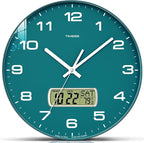 Wall Clock, 13" Dial Non-Ticking Silent Battery Operated Analog with LCD Display for Perpetual Calendar and F° Temperature, Ideal Modern Home, Office Decor (Green)