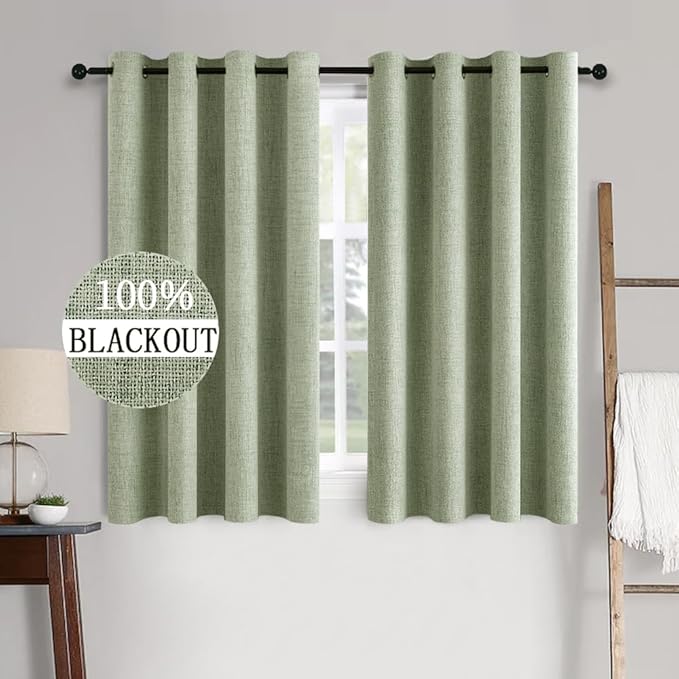 MIULEE Linen Texture Curtains for Bedroom Solid 100% Blackout Thermal Insulated Sage Green Curtains Grommet Room Darkening Drapes for Living Room Nursery 52x45 Inch (2 Panels)