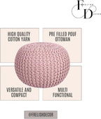 FRELISH DECOR Round Pouf Ottoman Hand Knitted 100% Cotton Pouf Foot Stool - Knitted Bean Bag - Floor Chair for Living Room Bedroom - Foot Rest for Couch (20 Diameter x 14 Height) - Cloud Pink