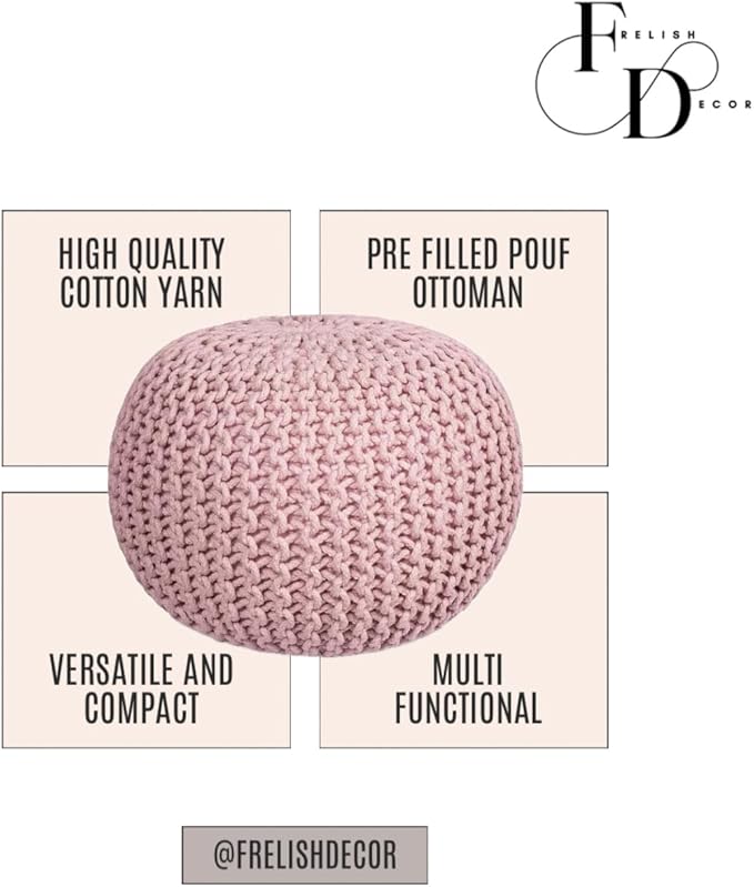 FRELISH DECOR Round Pouf Ottoman Hand Knitted 100% Cotton Pouf Foot Stool - Knitted Bean Bag - Floor Chair for Living Room Bedroom - Foot Rest for Couch (20 Diameter x 14 Height) - Cloud Pink