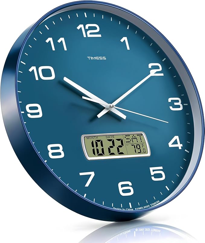 Wall Clock, 13" Dial Non-Ticking Silent Battery Operated Analog with LCD Display for Perpetual Calendar and F° Temperature, Ideal Modern Home, Office Decor (Blue)