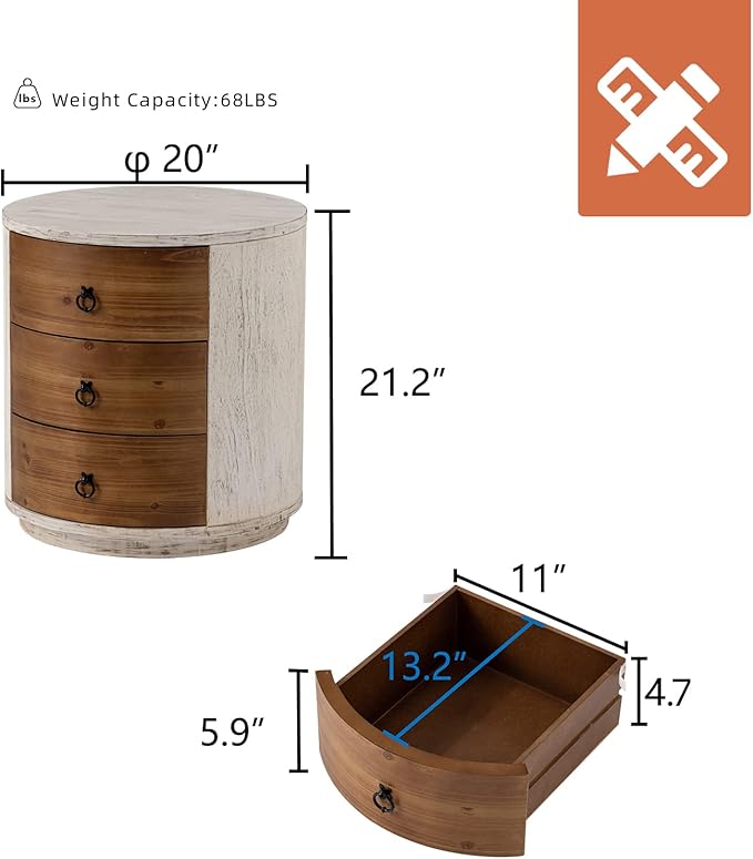 HOMPUS Round 3 Drawer Nightstand Set 2, Farmhouse Chest of Drawers, No Assemble Required, Modern Nightstand Set of 2, Wood Bedside End Tables w Drawers for Bedroom, Brown + White