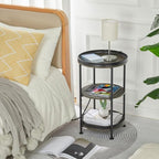 Dulcii Round Side Table with Charging Station, End Table with 3 Shelves for Living Room, Bedroom Nightstand with Steel Frame for Small Spaces, Industrial Round Sofa Table (USB+Grey)