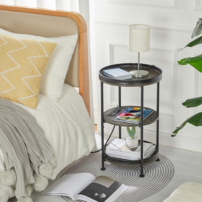 Dulcii Round Side Table with Charging Station, End Table with 3 Shelves for Living Room, Bedroom Nightstand with Steel Frame for Small Spaces, Industrial Round Sofa Table (USB+Grey)
