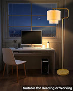 Lightdot 62IN Floor Lamps for Living Room, Modern Standing Tall Lamps with Double Linen Shades, 3000K Arc Bohemian Floor Lamp with Foot Switch for Wedding/Party, Bedroom, Home Office-Gold