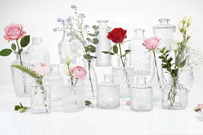 16 Pack Glass Bud Vases for Centerpieces - Bulk Small Flower Vases Set of 16, Mini Vintage Vases, 4 Styles for Party, Wedding Decorations, Baby Shower, Home Table Flower Décor (Clear)