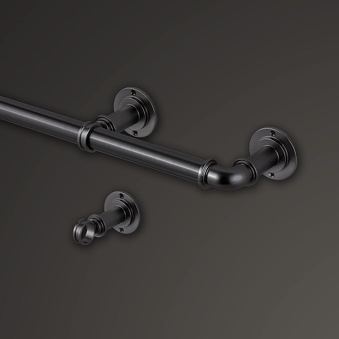 MODE Industrial Room Darkening Collection 1 1/8” diameter Industrial Curtain Rod Set with Steel Wall Mounted Expandable Curtain Rod, Blocks Light, Fits 72” to 144” Windows, Graphite