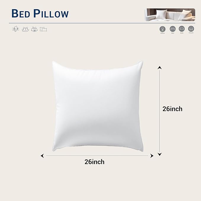 Set of 2 26×26 Inch Pillow Inserts Cotton Cover with Premium Fiber Filling Machine Washable Soft Fluffy Decorative Pillows for Indoor Outdoor Use Perfect for Couches Seats & Beds