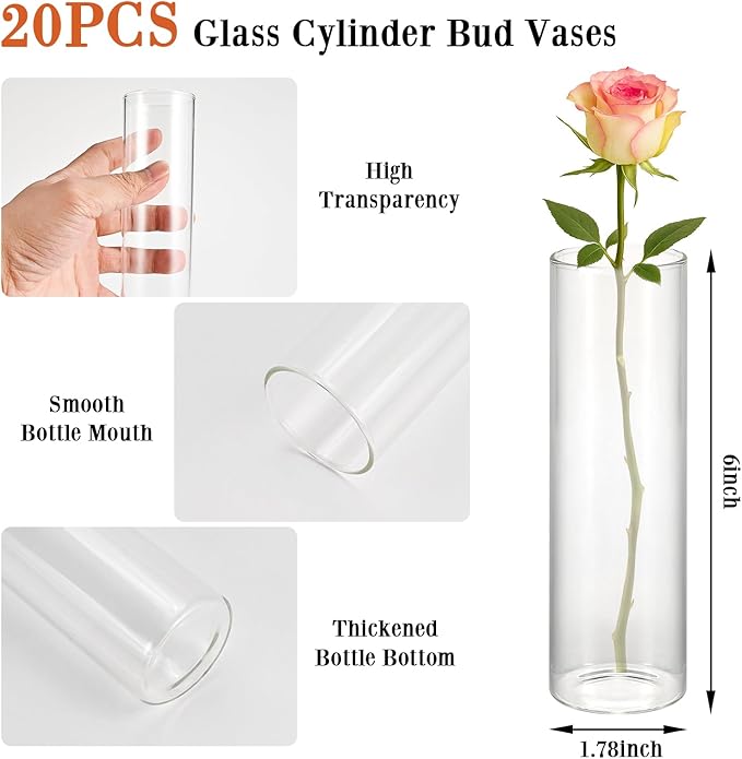 20 Pack 5.9" Tall x 1.8" Diameter Clear Glass Cylinder Vases - Multi-Use Flower Vase, Hurricane & Floating Candle Holders for Wedding Centerpieces, Home Decor, Table Displays