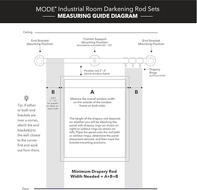 MODE Industrial Room Darkening Collection 1 1/8" Diameter Industrial Curtain Rod Set with Steel Wall Mounted Adjustable Curtain Rod, Blocks Light, Fits 36” to 72” Windows, Brushed Gold