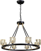 Black Wagon Wheel Chandelier, 8-Light Farmhouse Crystal Chandeleirs with Adjustable Height,Ceiling Hanging Light Fixture Pendant Lights for Living Room,Bedroom,Kitchen Island,Dining Room,Bedroom