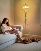 Lightdot Tripod Floor Lamp for Living Room, Gold Standing Lamp with Brown Glass Lampshade, Farmhouse Tall Lamp for Bedroom, Arced Reading Light for Home Office