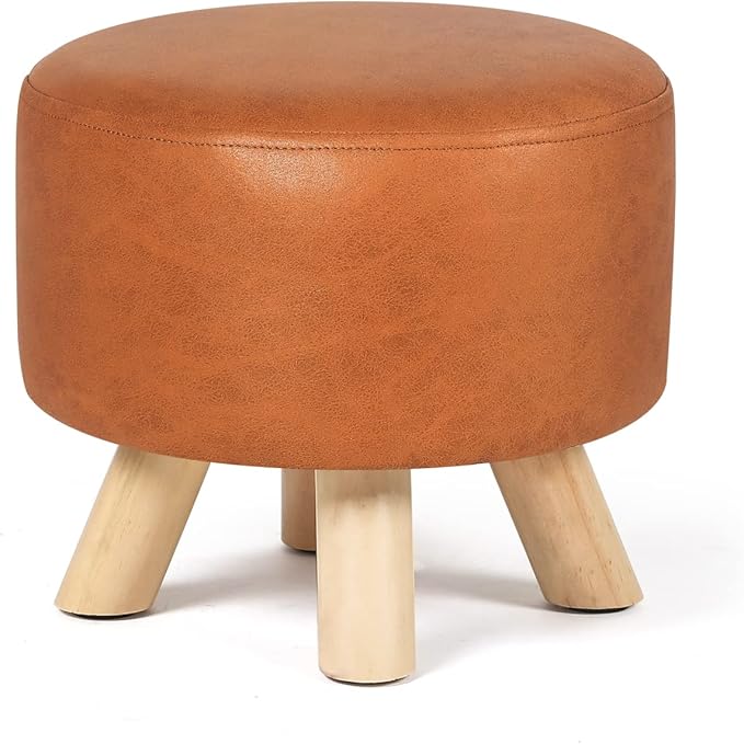 Asense Small Round Ottoman Foot Rest Stool Fabric Padded Seat Footstool Ottoman with Wooden Legs (Dark Orange,Fabric)