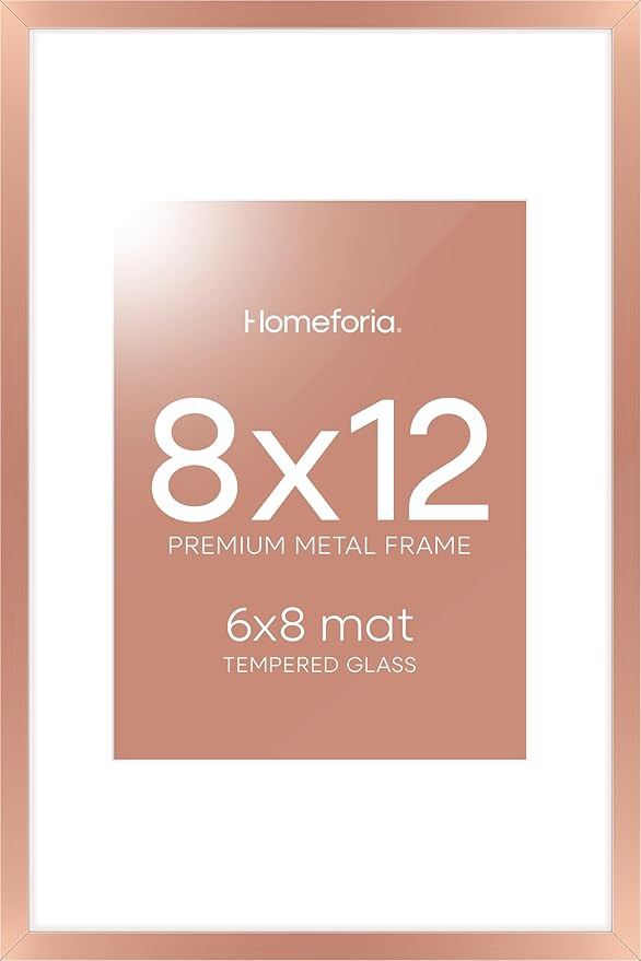 Homeforia 8x12 Picture Frame Rose Gold, High End Metal 8 x 12 Poster Frames with Mat 6 by 8 Photo, 12x8 Frame Matted to 6x8 inch Print, 8by12 Wall or Tabletop Frame, Tempered Glass, Wall Kit, Set of 1