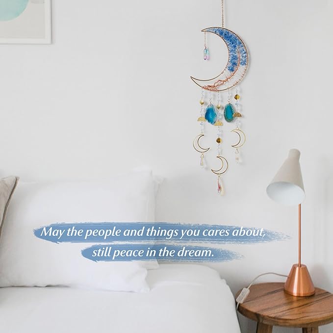 Agate Gemstone Dream Catcher 7 Chakra Tree of Life Dream Catcher with Crystal Stones Handmade Dreamcatcher Wall Decor for Adults Boys Girls,Bedroom,Wedding,Garden,Bless Gift(Blue Moon with Pendant)