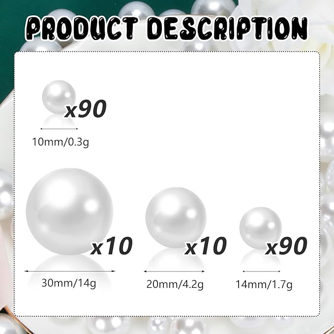 200PCS White Faux Pearls Beads for Centerpiece Vases, Vase Filler Faux Pearls, No Holes Filler Beads for Party Anniversary Birthday Wedding Table Decor, 10/14/20/30mm