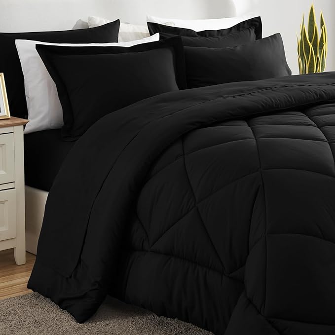 CozyLux Oversized King Comforter Set Black - 7 Pieces Bed in a Bag Comforter Set with Sheets, Luxury Soft Bed Set All Seasons, Bedding Set with Down Alternative Comforter, Sheets, Pillowcases & Shams