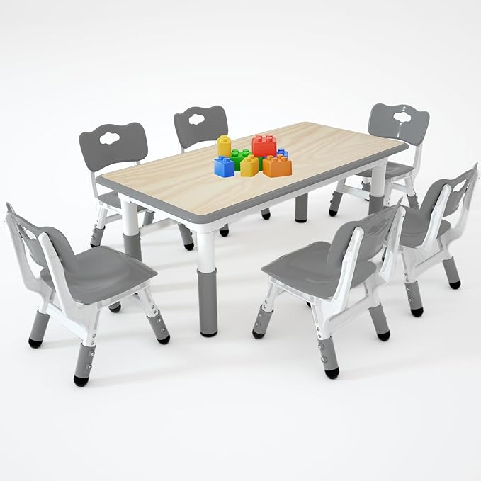 Kids Study Table and 6 Chairs Set,Height Adjustable Table and Chairs for Children and Toddlers,47.2"X23.6"Graffiti Desktop,Suitable for Daycare,Classrooms, Home