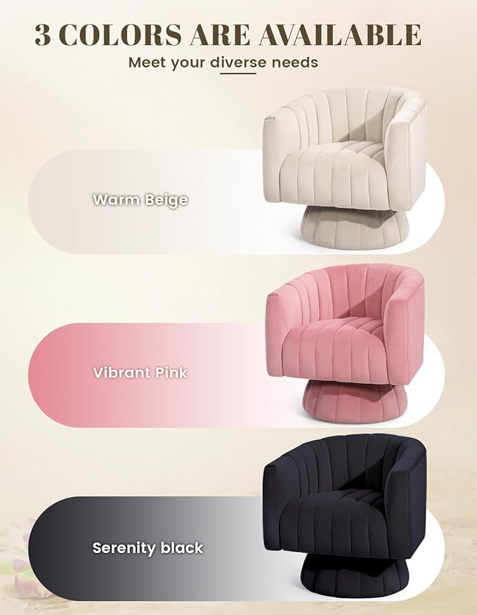 Kromax Swivel Accent Chair with Armrest, Mid Century 360 Degree Swivel Barrel Chair Overstuffed Tufted Velvet, Ideal for Living Room, Bedroom, Reading Room, Beige