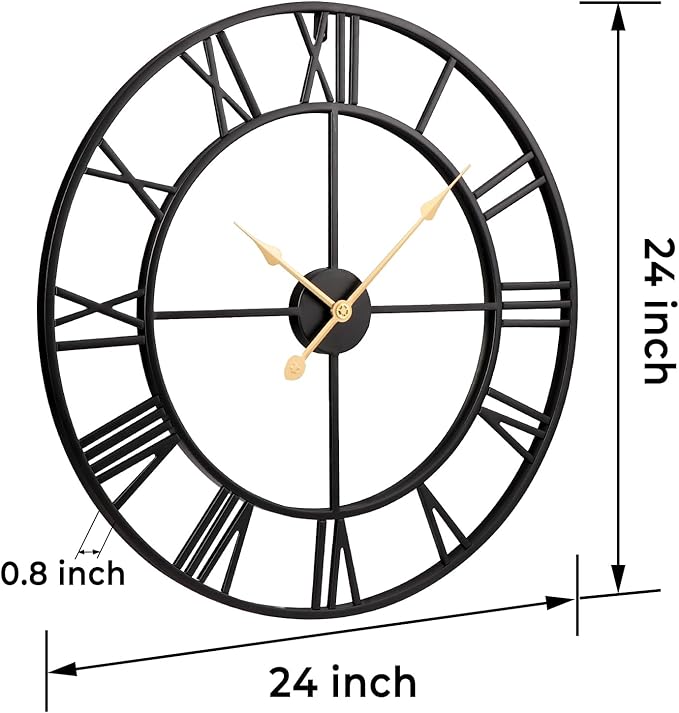 Vantic 24 Inch Large Wall Clock, Roman Numeral Metal Oversized Wall Clocks for Living Room Decor, Bedroom and Kitchen, Completely Silent, Non Ticking, Battery Operated