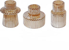 Double Sided Vintage Ribbed Taper Glass Candle Holders,Tea Candle Holder for Table Centerpieces, Wedding Decorations and Dinner Parties (Gold, 3 PCS)