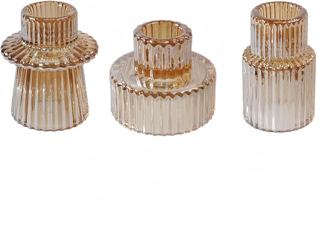Double Sided Vintage Ribbed Taper Glass Candle Holders,Tea Candle Holder for Table Centerpieces, Wedding Decorations and Dinner Parties (Gold, 3 PCS)