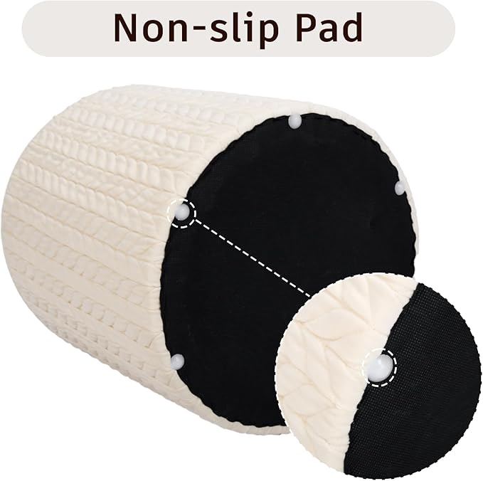 Modern Round Ottoman, Braided-Tufted Foot Stool Ottoman, Velvet Upholstered Vanity Stool for Makeup, Bedroom, Living Room, White