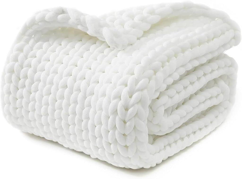 YnM Chunky Throw Blanket, Medium-Weight, Hand Knitted, Skin Friendly, Ventilated and Breathable, Machine Washable, Home Décor Piece for Couch, Sofa and Bed (White, 50x70 Inch)