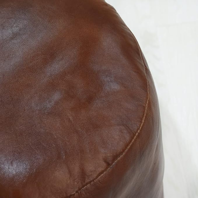 Round Shaped Goat Leather Handmade Eco-Friendly Brown Pouf - 16"x16"x16", Plain Solid, Recycled Foam With Fibre Fill Stuffed, Leather Seating PF12
