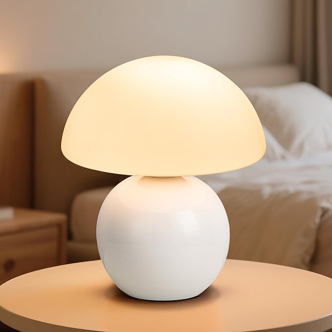 Mushroom Table Lamp, Ceramic Base with Milky White Glass Shade, Vintage Dimmable Bedside Nightstand Lamp for Bedroom, Reading, Home Décor, Gift for Friends White