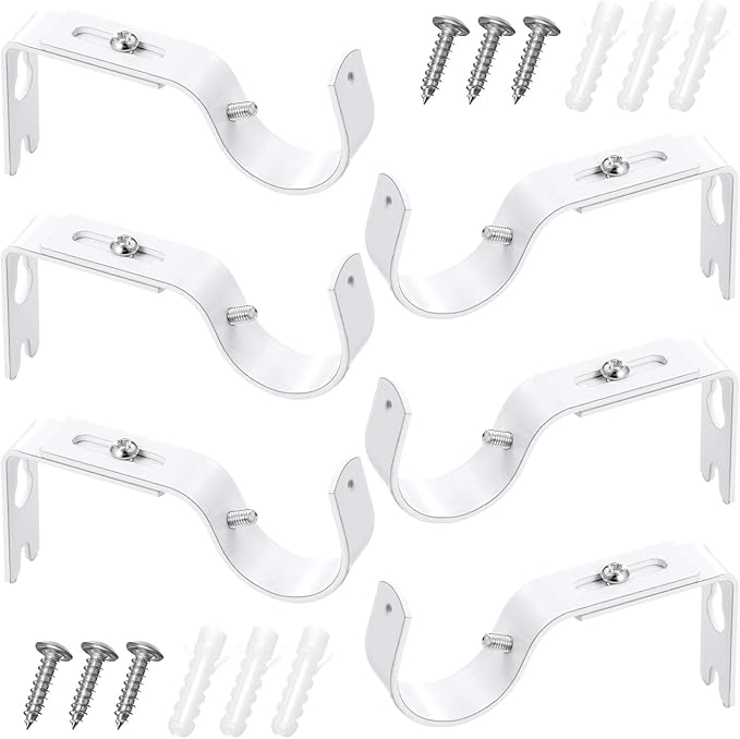 Frienda 6 Pcs Curtain Rod Brackets Adjustable Holder Wall for 1 Inch Diameter Curtain Rod General Bracket Hooks with Screws (White)