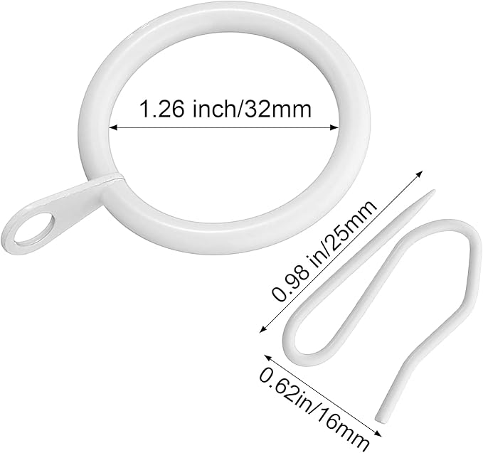 Hotop 60 Pieces 1.26 Inch Metal Drapery Curtain Rings Curtain Hanging Rings and 60 Pieces Metal Curtain Drapery Pin Hooks for Window Door Shower Curtain(White)
