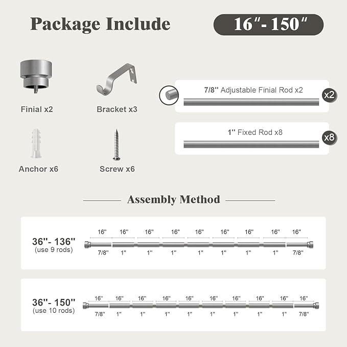 Oneach Silver Curtain Rods for Windows 72 to 144 Inch, 1 Inch Pole Adjustable Length Heavy Duty Metal Curtain Rod Set, for Outdoor Bedroom Kitchen Living Room (16 to 150 Inch)